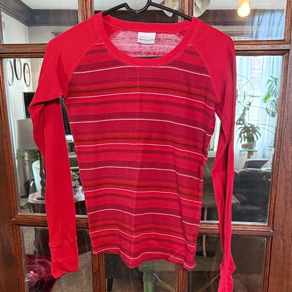 Columbia Sportswear Womens Red Striped Waffle Knit Thermal Long Sleeve Top M‎